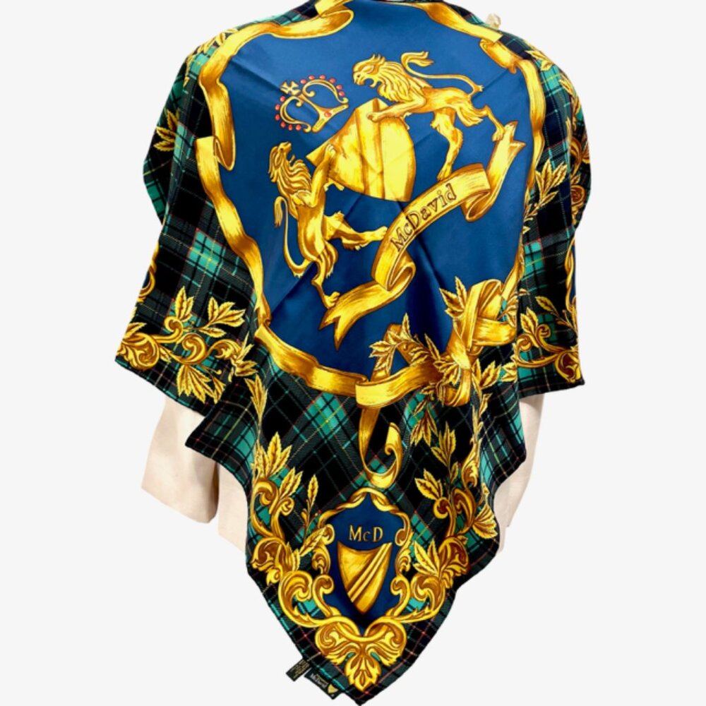 Unused McDavid 100% Silk Scarf Satin 34" Blue Green Bkack Check Gold Leaves(21)